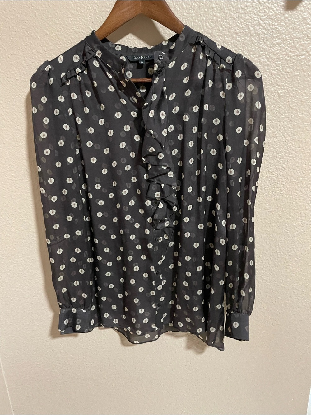 Tara Jarmon Black Blouse with White Polka Dots and Ruffle Front
